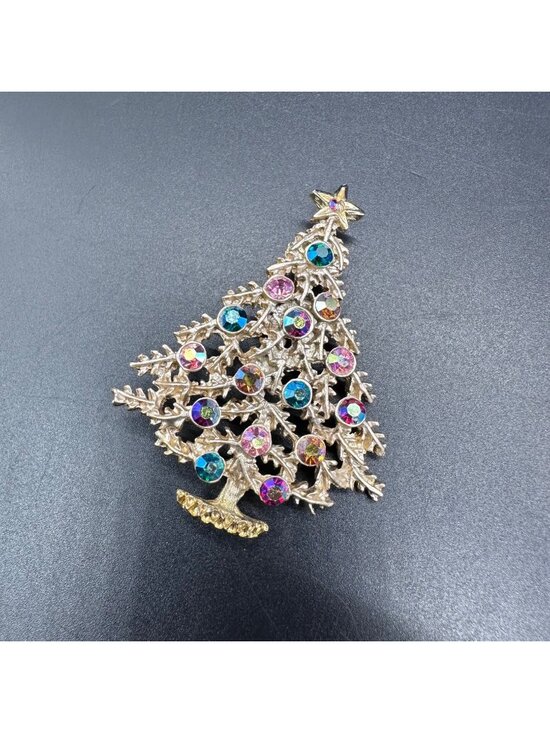 Jewelry - Vintage Christmas Tree Brooch Pin Aurora Borealis Rhinestones Gold Tone Festive